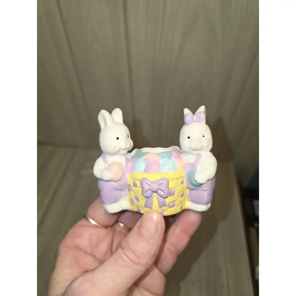 Vtg Hermitage Pottery Easter Candle Holders Bunny Rabbits Easter Basket Set Of 2